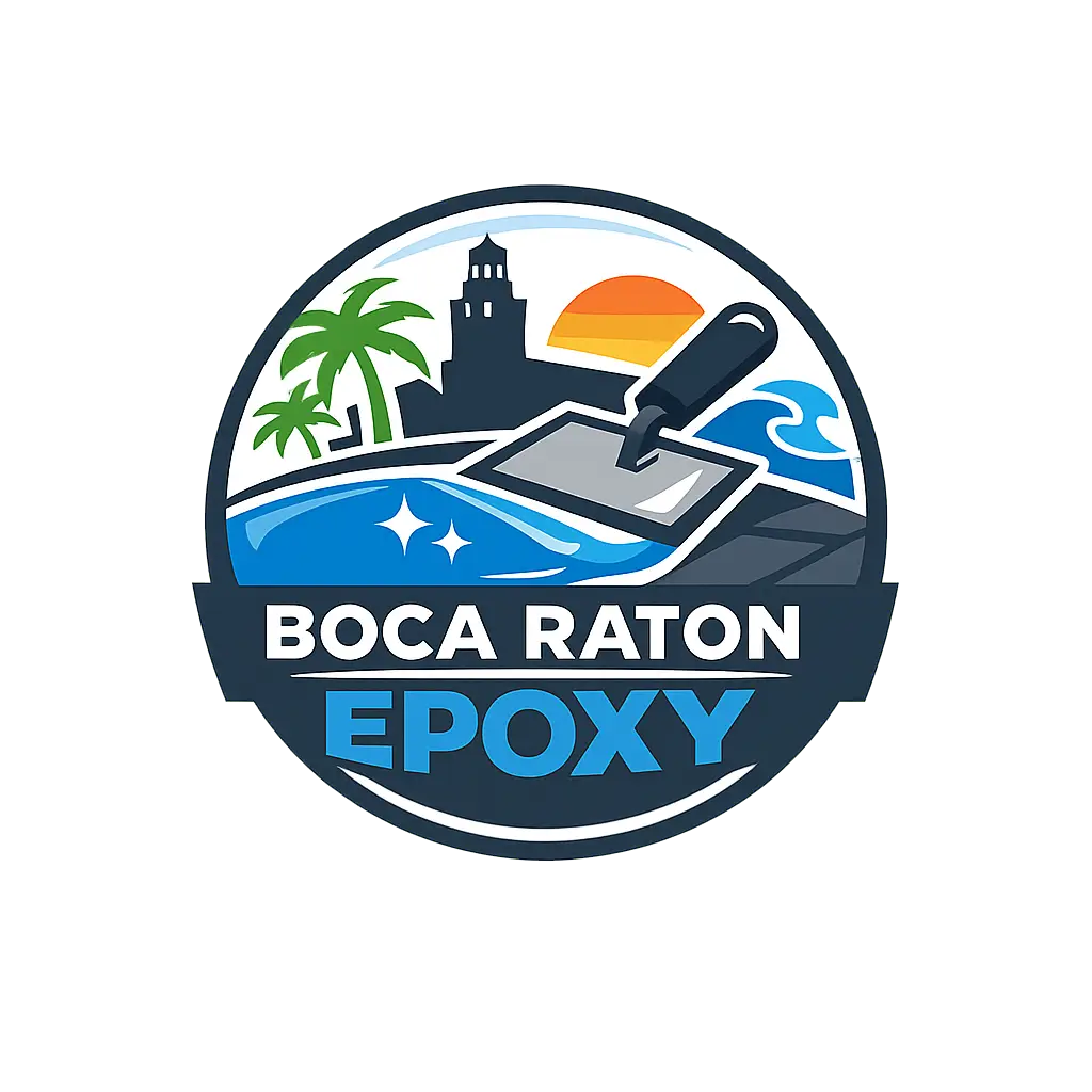 Epoxy flooring logo featuring trowel and Boca Raton, FL coastal skyline